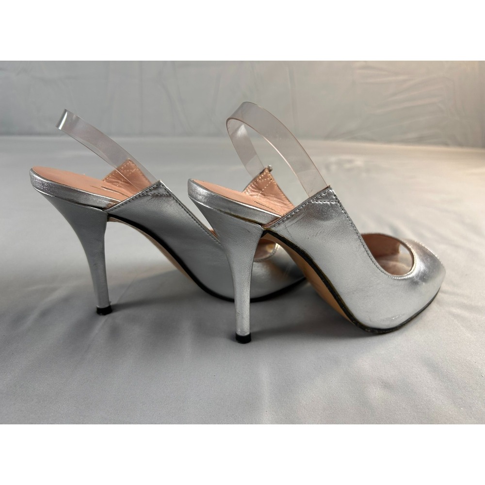 Charles David Amelie Women Heels Slingback 6.5 Silver Peep Toe Leather Spain - Picture 7 of 13